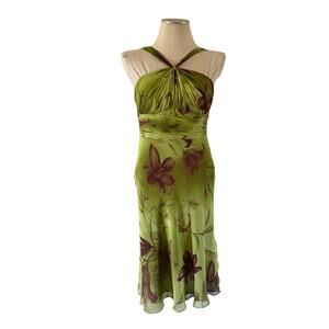 Vtg Y2K 2000s Green Brown Floral 100% Silk Halter Dress Sz 8P Forest Fairycore